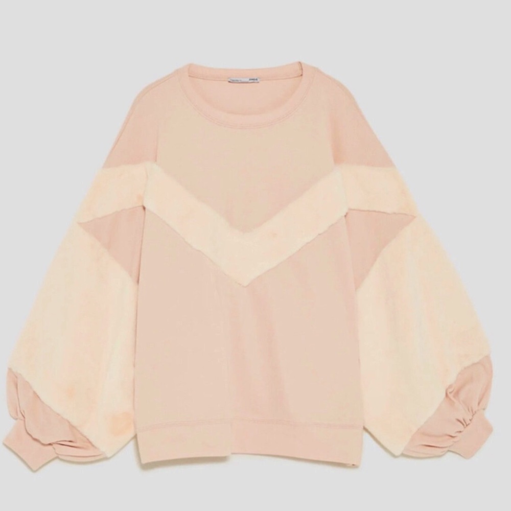 Zara Faux Fur Trim Balloon Sleeve Oversized Sweatshirt